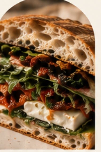 Ciabatta sandwich with mozzarella, sun-dried tomato and arugula