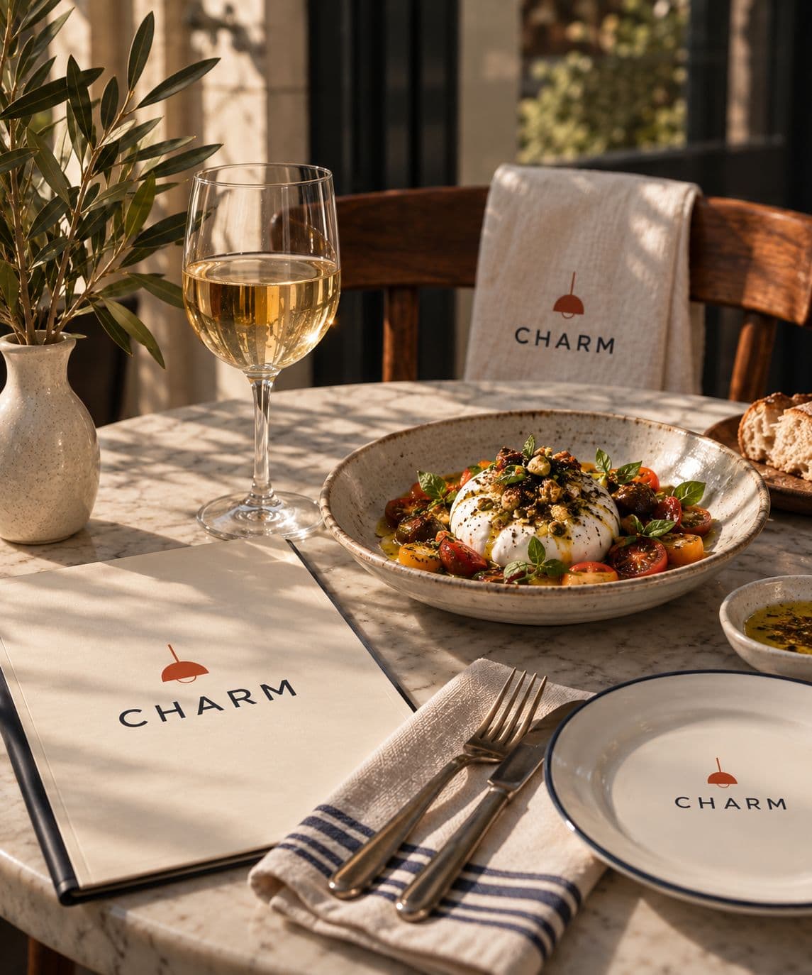 Burrata with heirloom tomatoes, white wine and a Charm menu on an outdoor table