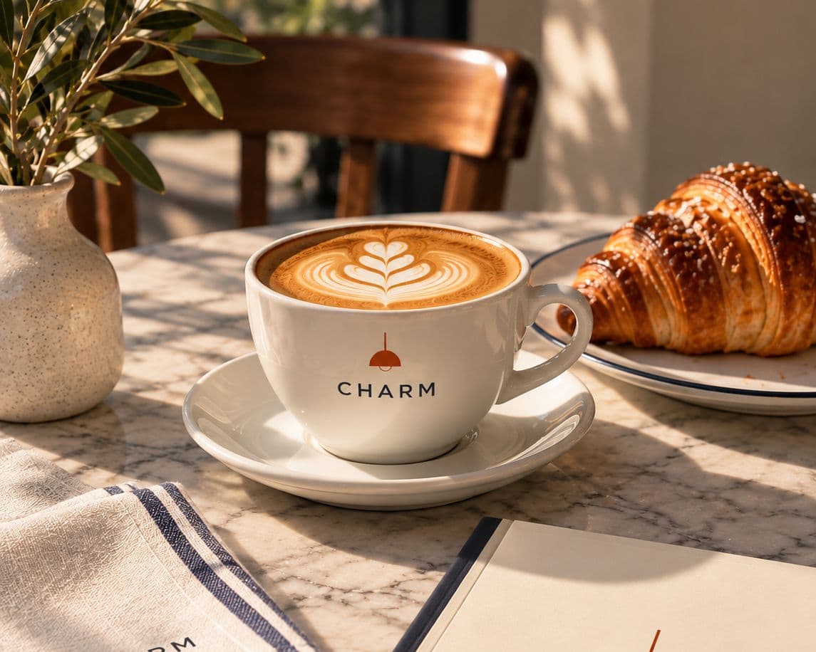 Cappuccino in a Charm cup with a croissant on a sunlit marble table