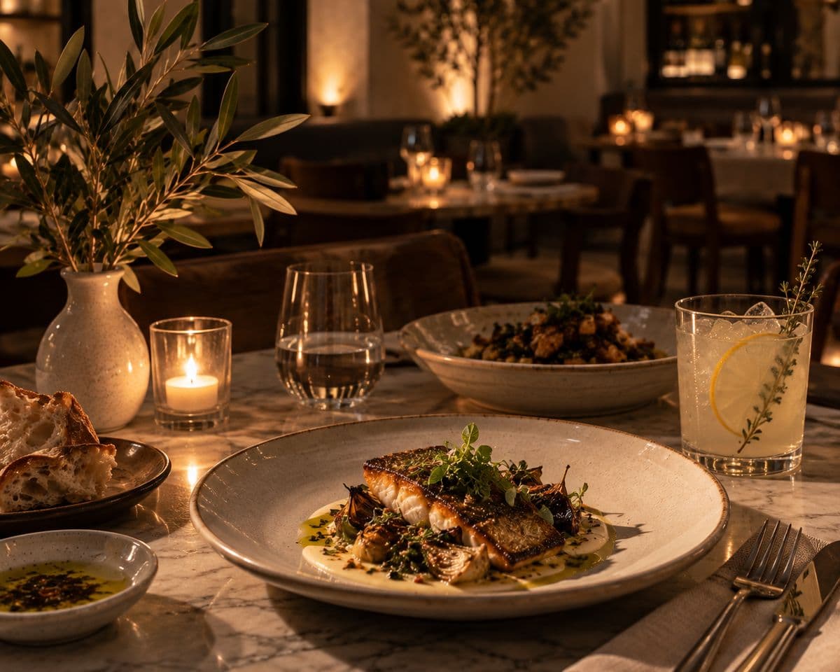 Seared fish over roasted vegetables on a candlelit table at Charm